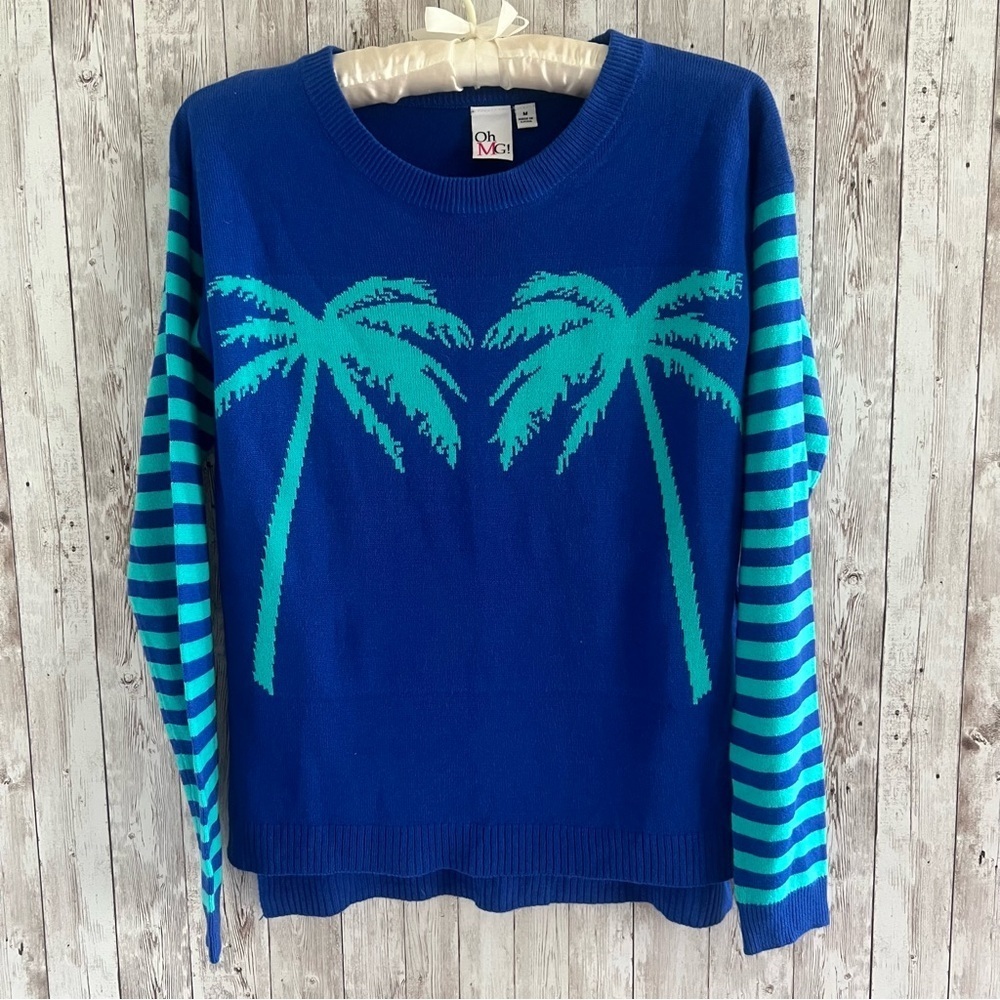 OHMG! Blue Palm Tree Striped Tropical Tunic Sweater Medium Vintage